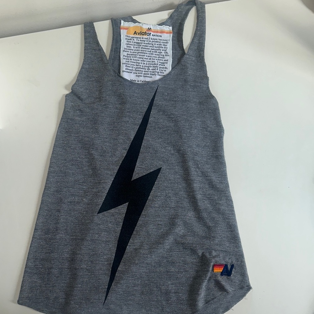 Aviator Nation Gray Sleeveless Tank Top with Bold Black Lightning Bolt